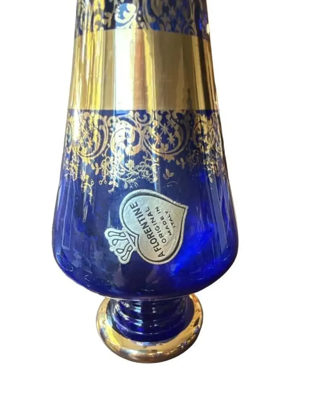 Florentine Decanter Set Cobalt Blue Gold Trim, Glass Stopper and 5 Cups